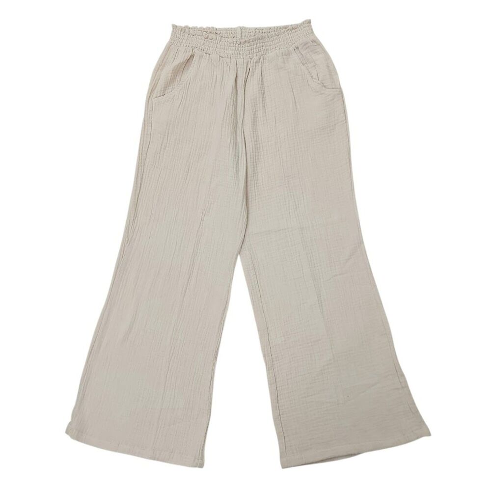 Drew Womens Small Beige Cotton Gauze Wide Leg Pants Smocked Waist Boho Beach